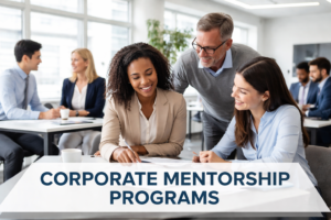 Corporate mentorship programs in a modern office with mentor guiding employee
