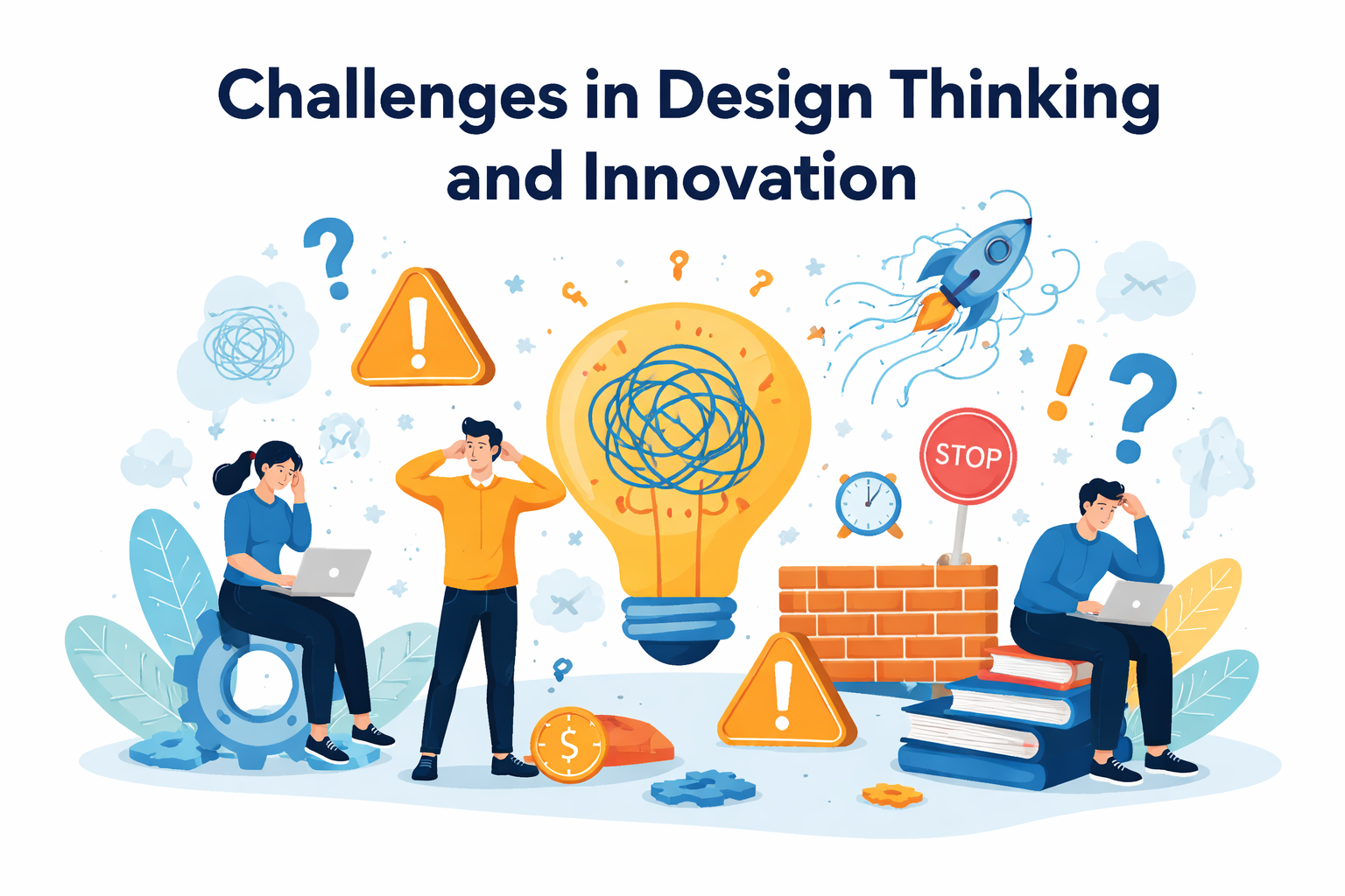 Challenges in Design Thinking and Innovation illustration showing creative obstacles, problem-solving barriers, and innovation hurdles in a modern visual concept