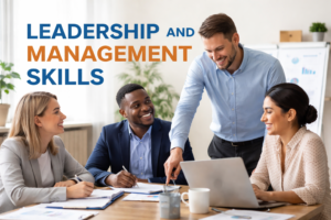 Leadership and management skills concept showing a team collaborating in a modern office meeting