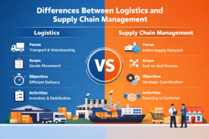 Difference between logistics and supply chain management infographic showing key comparisons