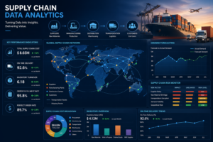 Supply chain data analytics dashboard showing global logistics, KPIs, demand forecasting, and inventory insights