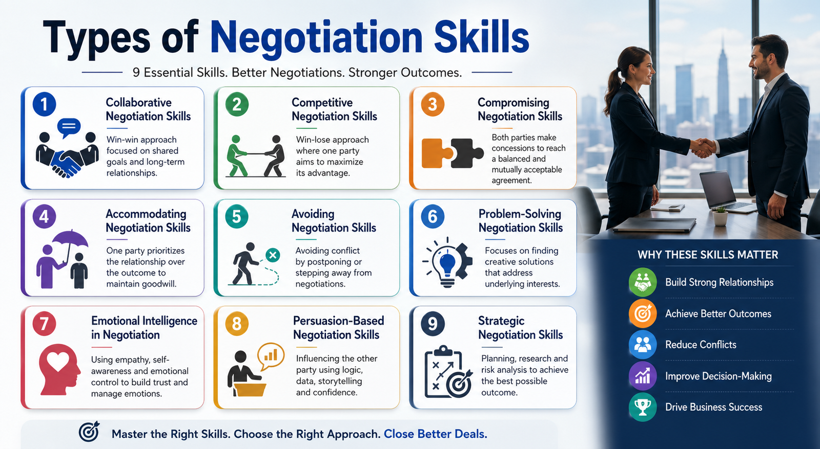 Types of Negotiation Skills infographic showing 9 key negotiation strategies including collaborative, competitive, compromising, accommodating, avoiding, problem-solving, emotional intelligence, persuasion-based, and strategic approaches for successful business deals