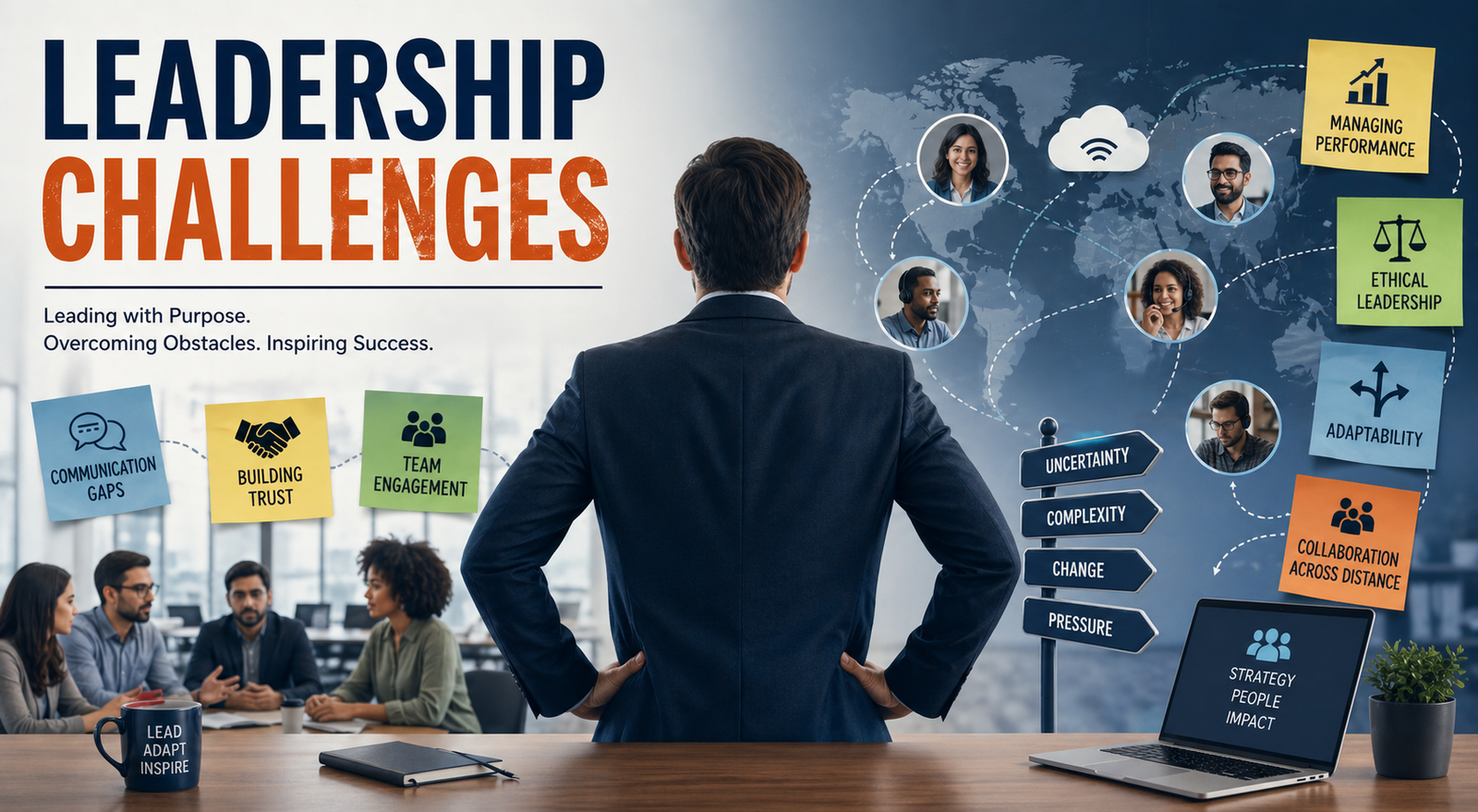 Leadership challenges in modern workplaces showing a leader managing remote teams, communication gaps, trust-building, team engagement, and performance in a hybrid work environment