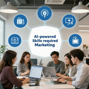 AI-powered skills required for marketing, diverse professionals collaborating, modern office, infographic icons