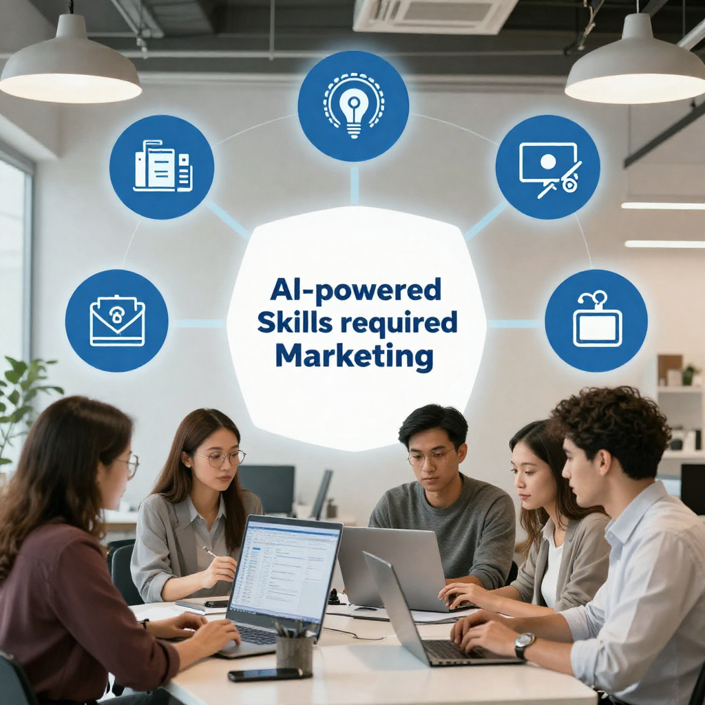 AI-powered skills required for marketing, diverse professionals collaborating, modern office, infographic icons