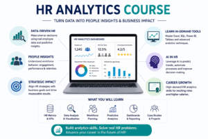 Infographic for HR Analytics Course showcasing 10+ in-demand HR analytics skills, career growth opportunities, data-driven HR strategies, and key learning benefits for professionals.