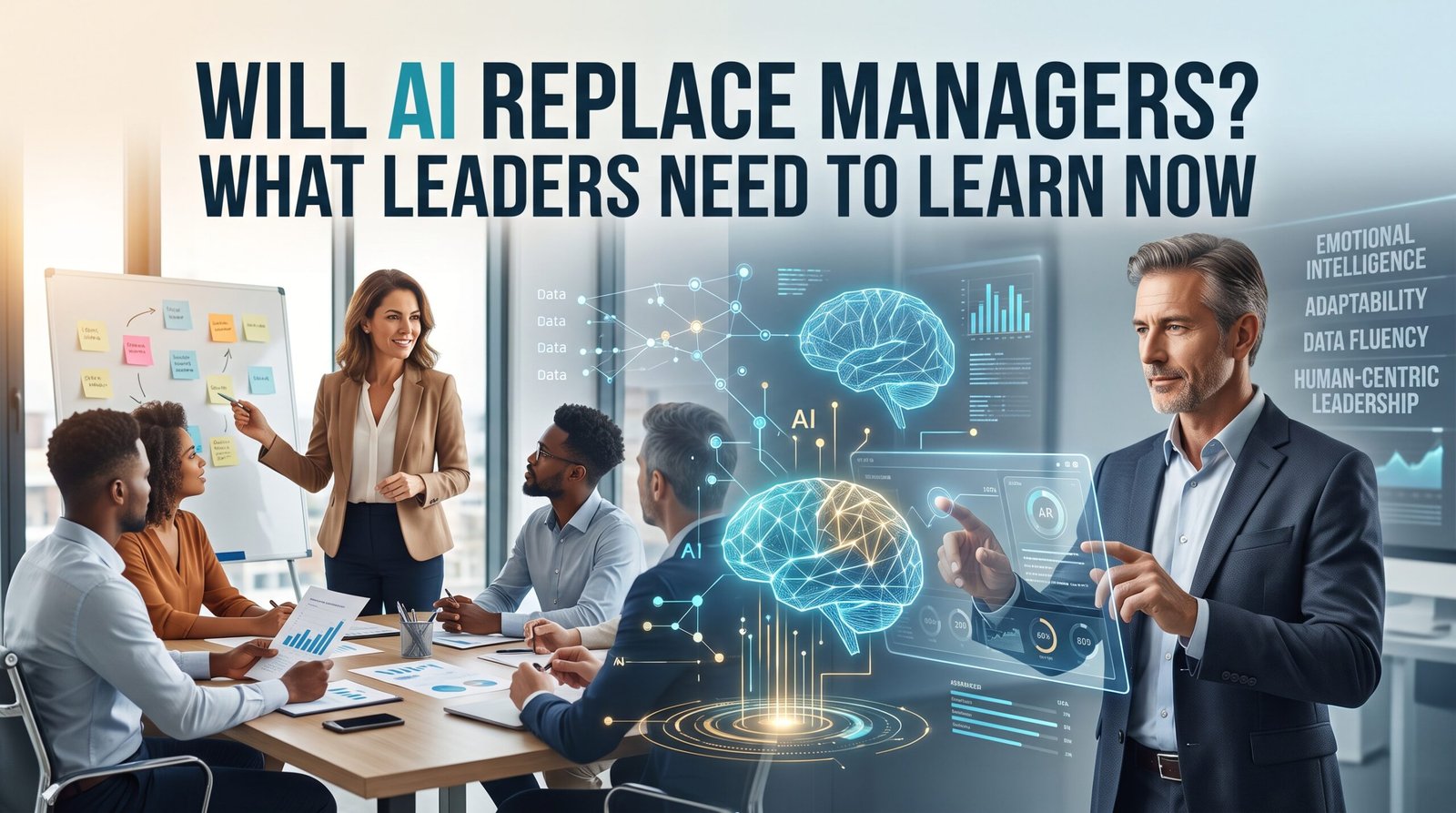 Manager reviewing AI-generated team report with colleagues